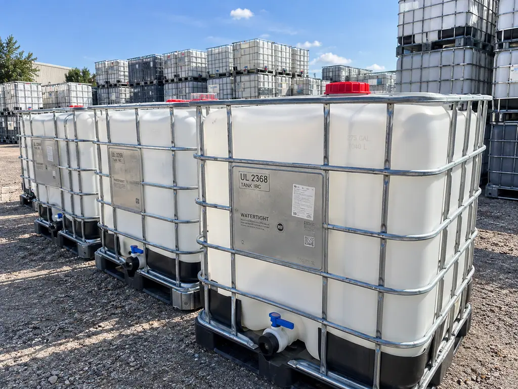 A line of washed 275-gallon IBC totes with their marking panels and blue outlet valves visible