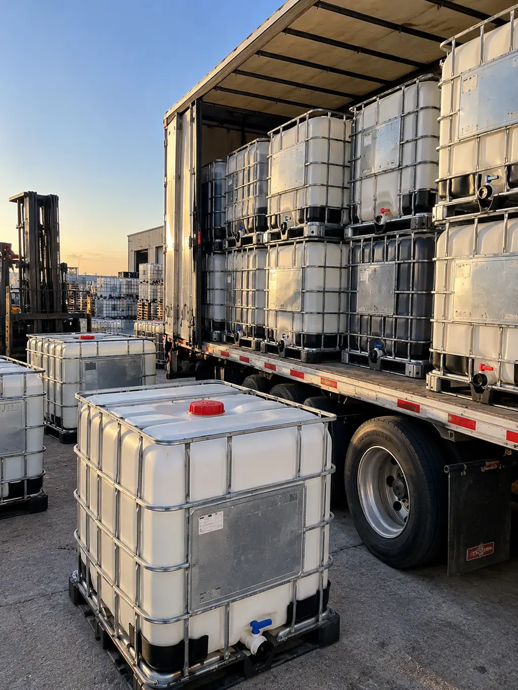 A trailer loaded with caged IBC totes at the end of the day, a forklift waiting alongside