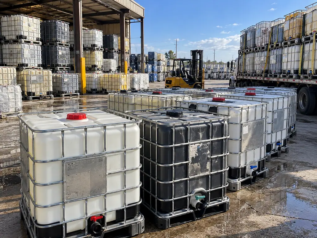 Mixed white and black IBC bottles standing on the wet yard apron after washing